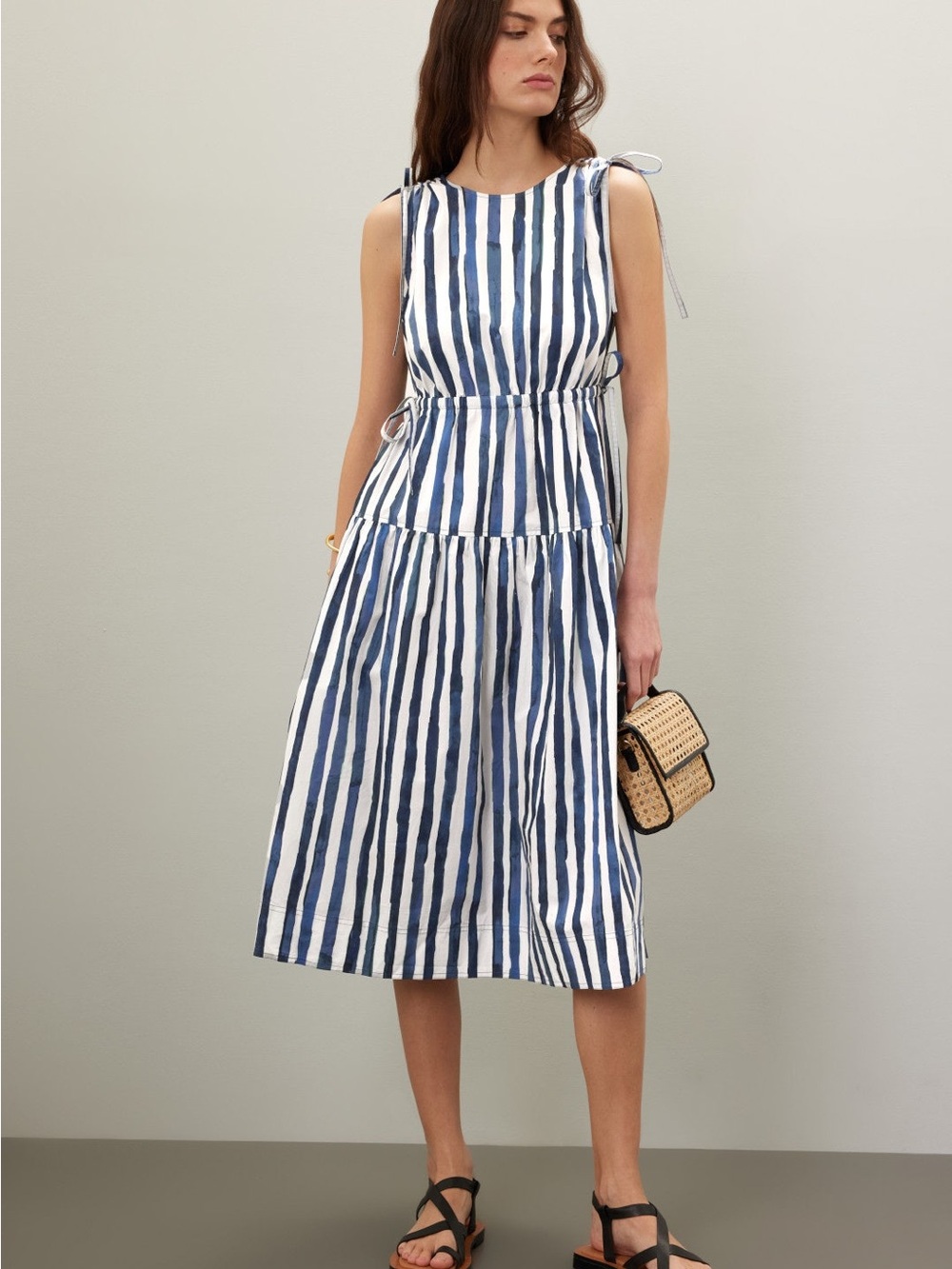 Marie Oliver Elenora Navy and White Vertical Stripe Midi Dress